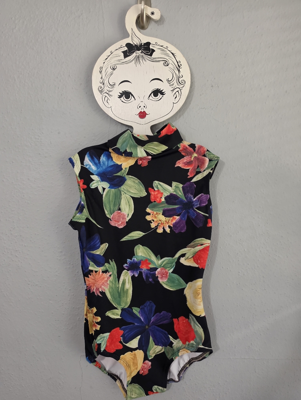 Luckyleo Black and Bright Floral High Neck Open Back Bodysuit Leotard Size Med